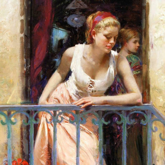 Pino (1939-2010), "At the Balcony" Hand Embellished Limited Edition on Canvas (30" x 40"), Numbered and Hand Signed with Certificate of Authenticity.
