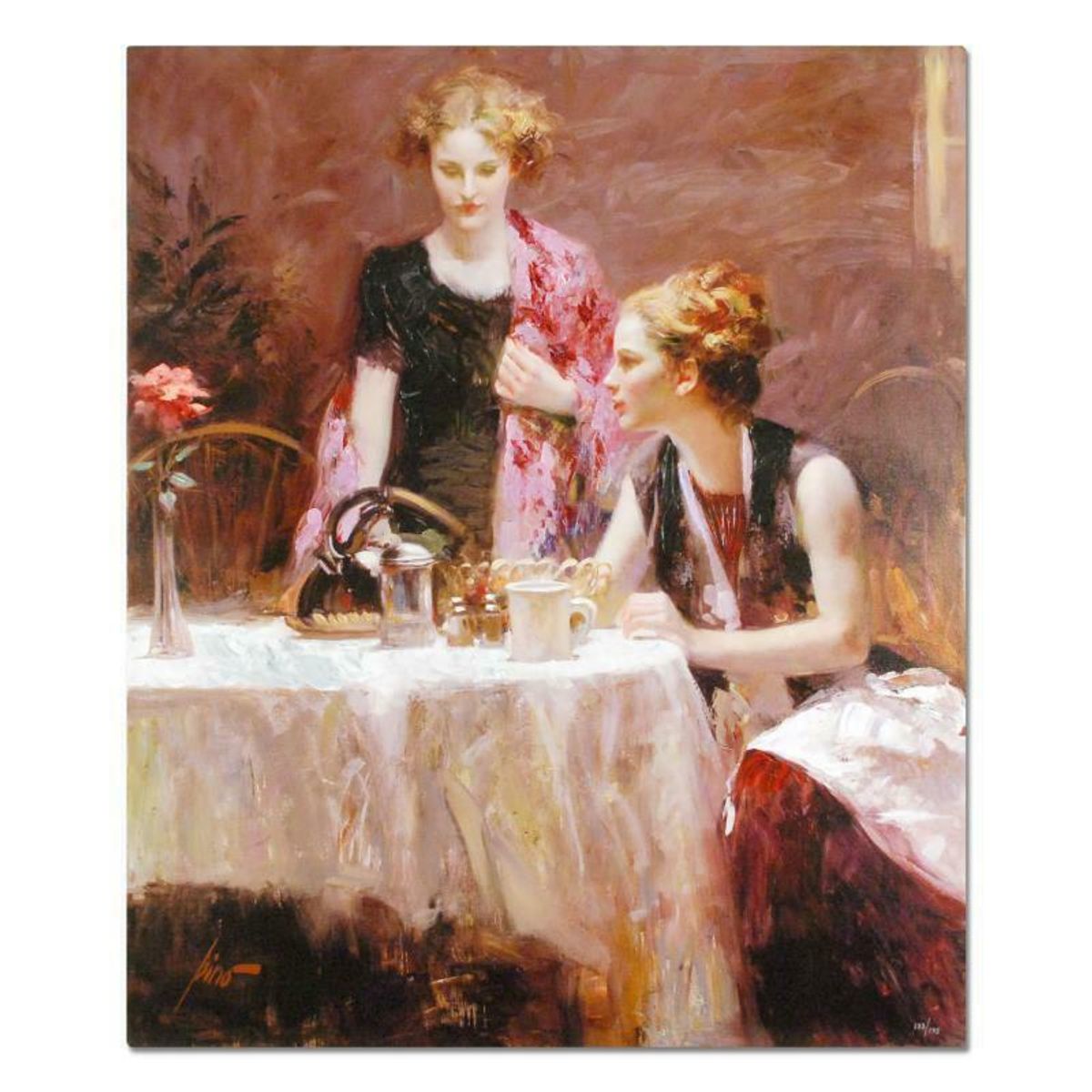 Pino (1939-2010), "After Dinner" Hand Embellished Limited Edition on Canvas, Numbered and Hand Signed with Certificate of Authenticity.