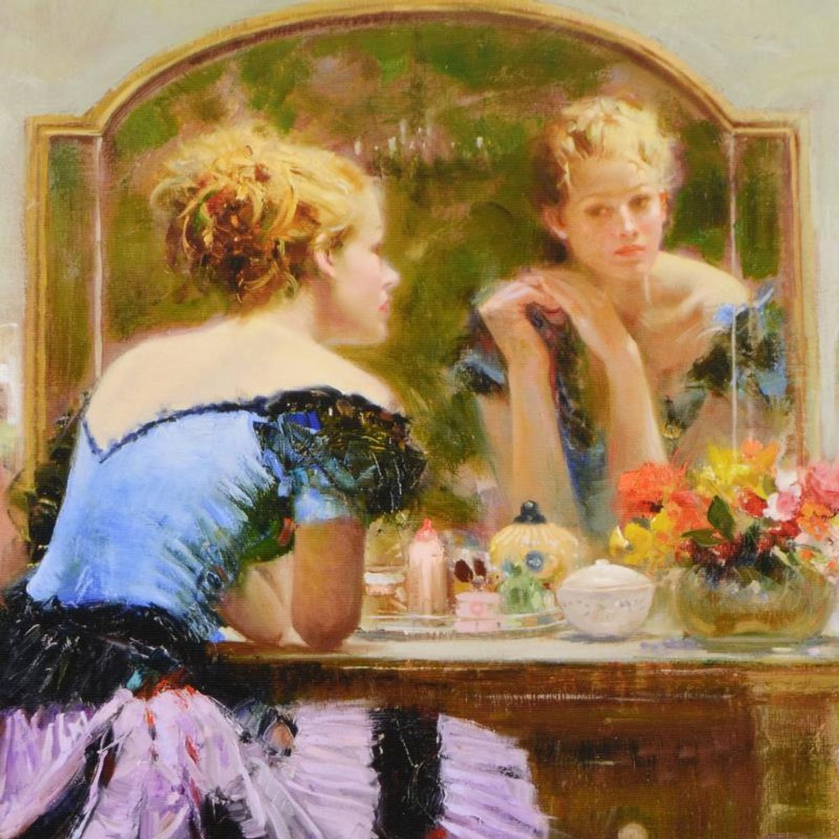 Pino (1939-2010), "By the Mirror" Limited Edition on Canvas, Numbered and Hand Signed with Certificate of Authenticity.