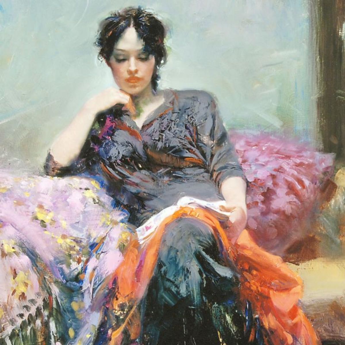 Pino (1939-2010), "Her Favorite Book" Limited Edition on Canvas, Numbered and Hand Signed with Certificate of Authenticity.