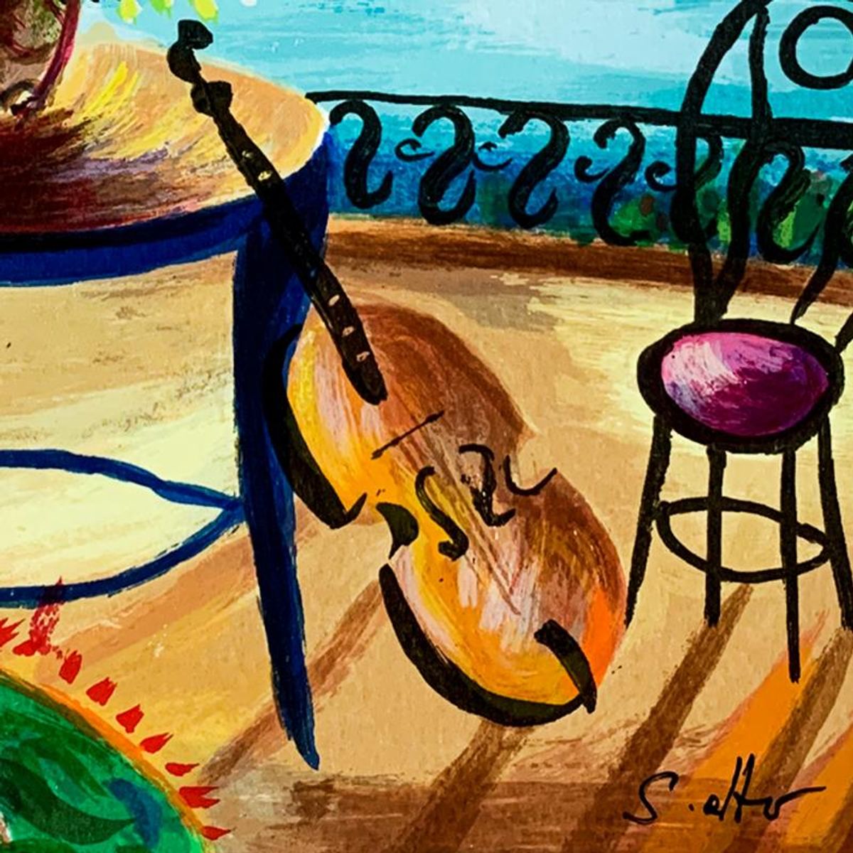 Shlomo Alter (1936-2021), "Balcony Cello" Hand Signed Limited Edition Serigraph on Paper with Letter of Authenticity.
