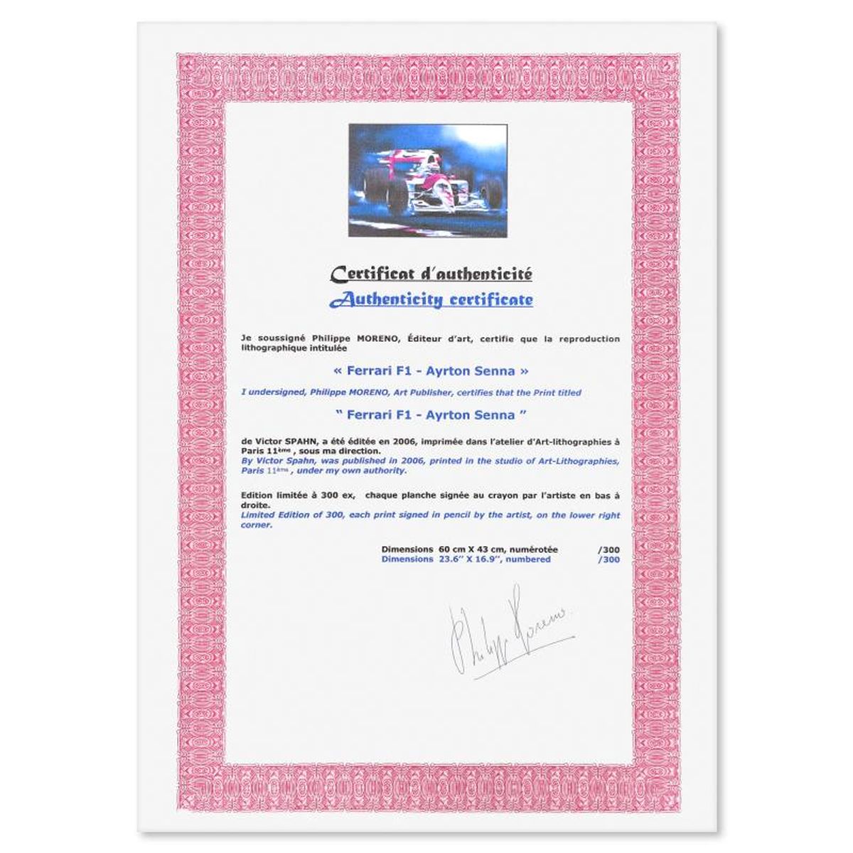 Victor Spahn, "Ayrton Senna" hand signed limited edition lithograph with Certificate of Authenticity.