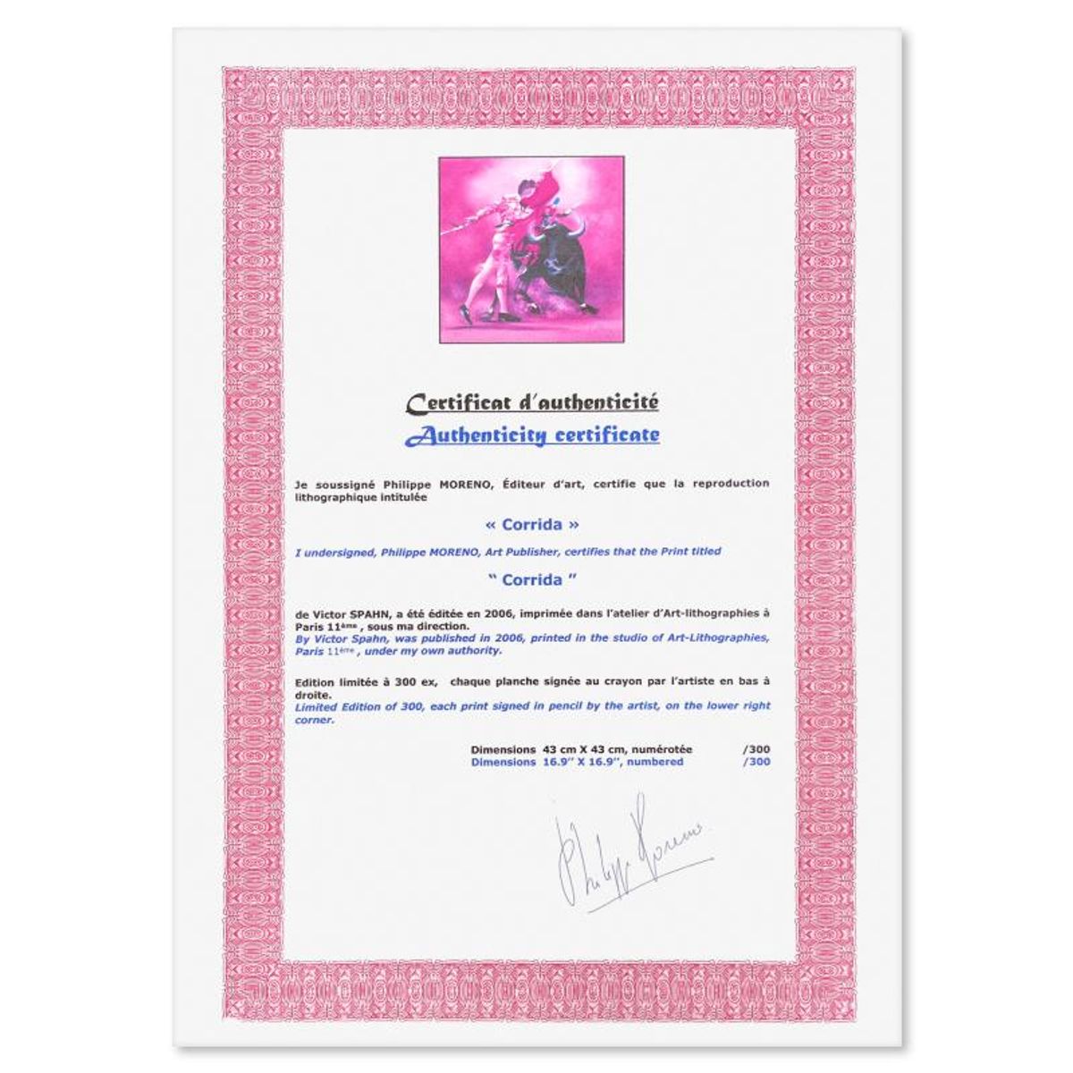 Victor Spahn, "Corrida" hand signed limited edition lithograph with Certificate of Authenticity.
