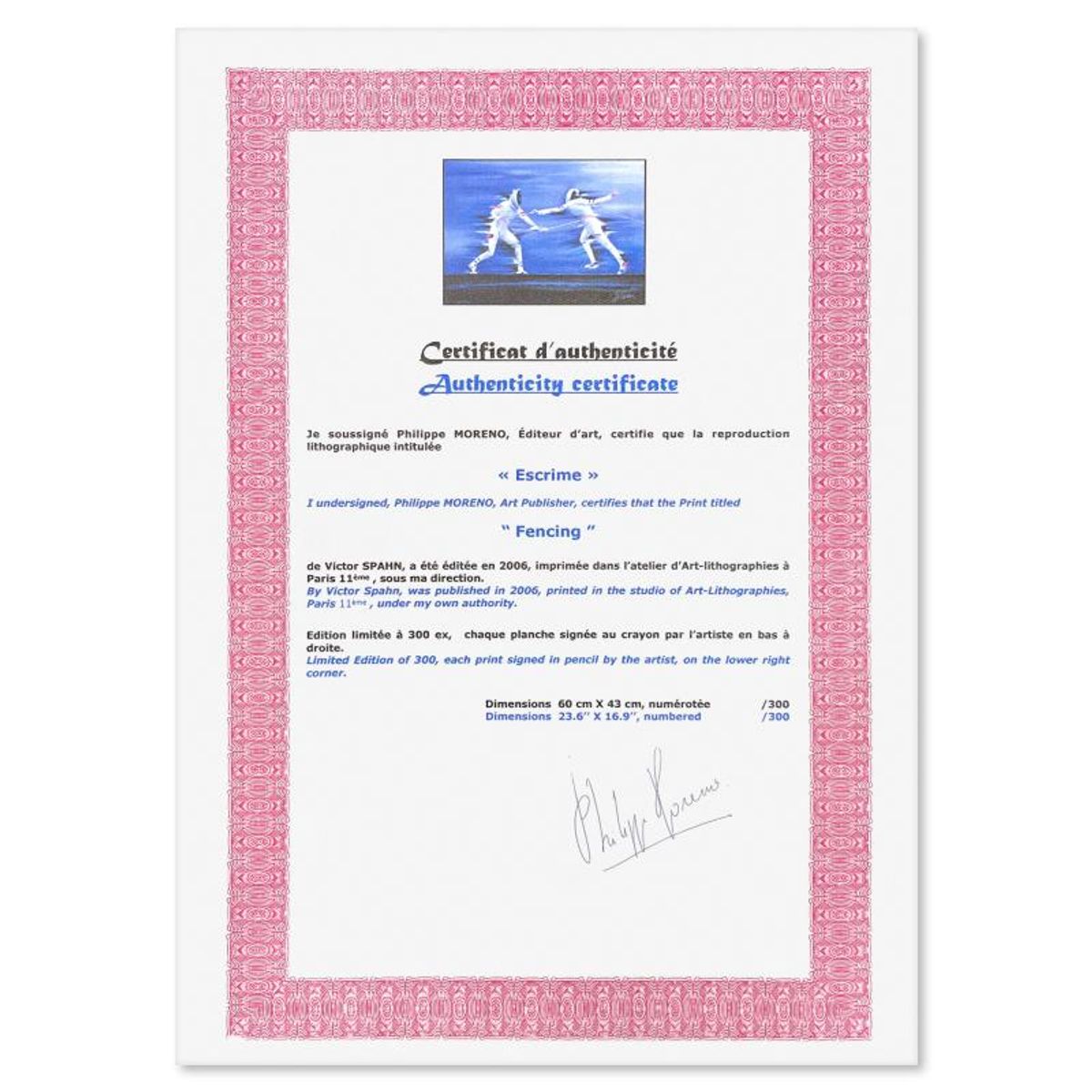 Victor Spahn, "Fencing" hand signed limited edition lithograph with Certificate of Authenticity.