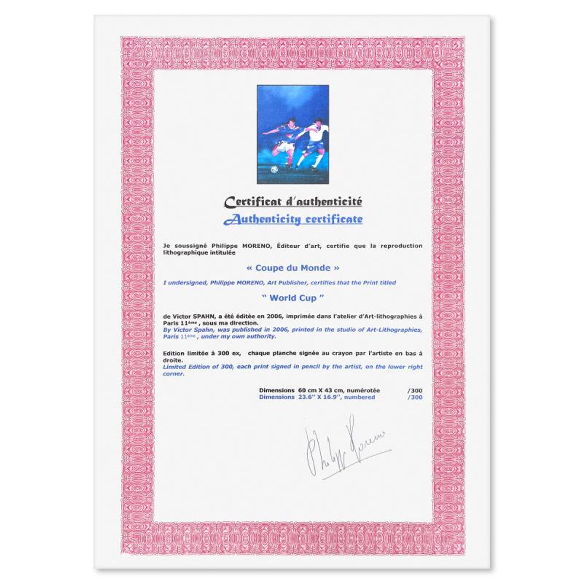 Victor Spahn, "France '98" hand signed limited edition lithograph with Certificate of Authenticity.