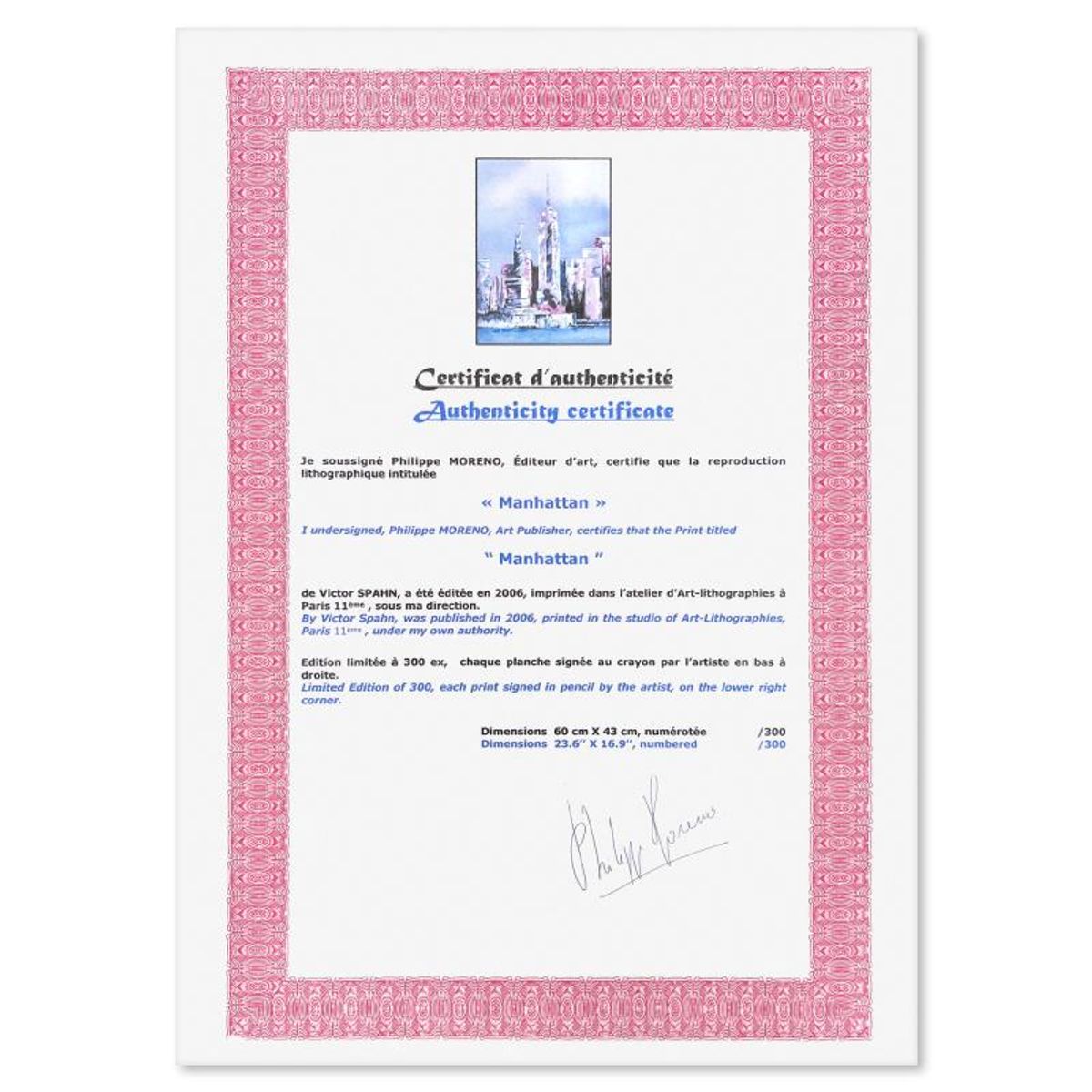 Victor Spahn, "Manhattan" hand signed limited edition lithograph with Certificate of Authenticity.