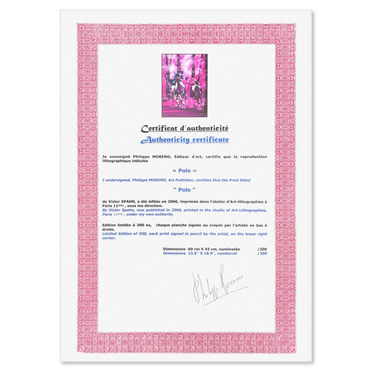Victor Spahn, "Polo" hand signed limited edition lithograph with Certificate of Authenticity.