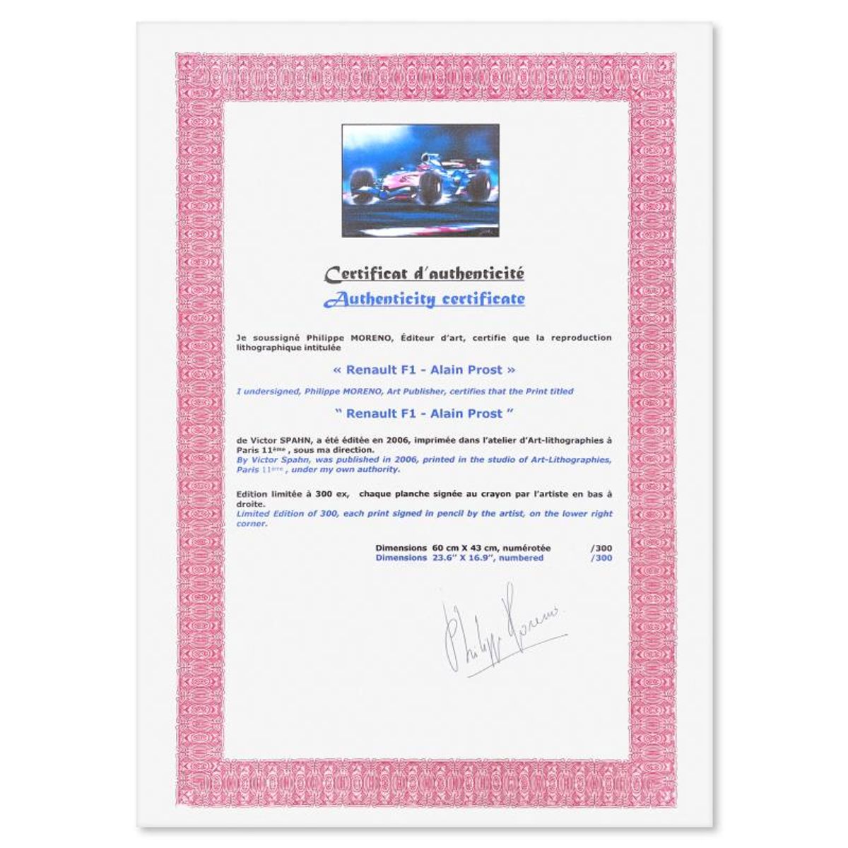 Victor Spahn, "Renault F1 (Alain Prost)" hand signed limited edition lithograph with Certificate of Authenticity.