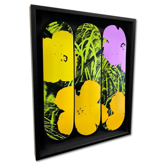 Warhol (1928-1987), "Flowers - Lime/Orange" Framed Limited Edition Skateboard Triptych, Numbered and Plate Signed with Letter of Authenticity.