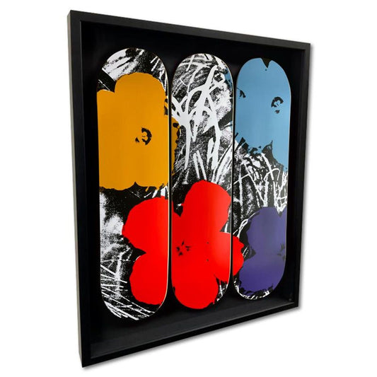 Warhol (1928-1987), "Flowers - Grey/Red" Framed Limited Edition Skateboard Triptych, Plate Signed with Letter of Authenticity.