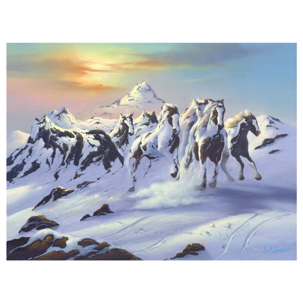 Jim Warren, "Horses in the Snow" Hand Signed, Artist Embellished AP Limited Edition Giclee on Canvas with Letter of Authenticity