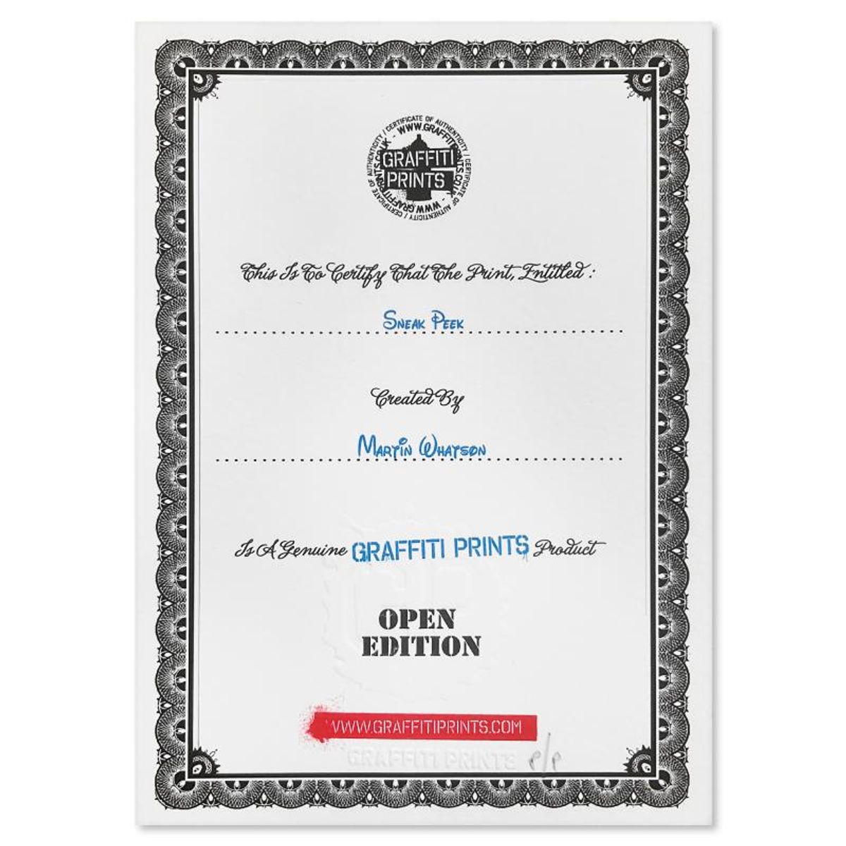 Martin Whatson, "Sneak Peek" Framed PP Silkscreen with Certificate of Authenticity.