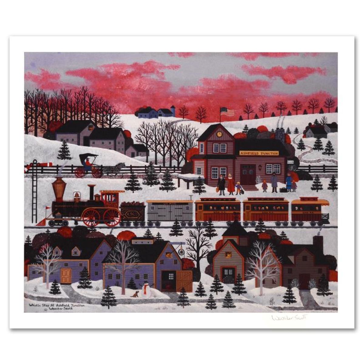 Jane Wooster Scott, "Whistle Stop at Ashfield Junction" Hand Signed Limited Edition Lithograph with Letter of Authenticity.