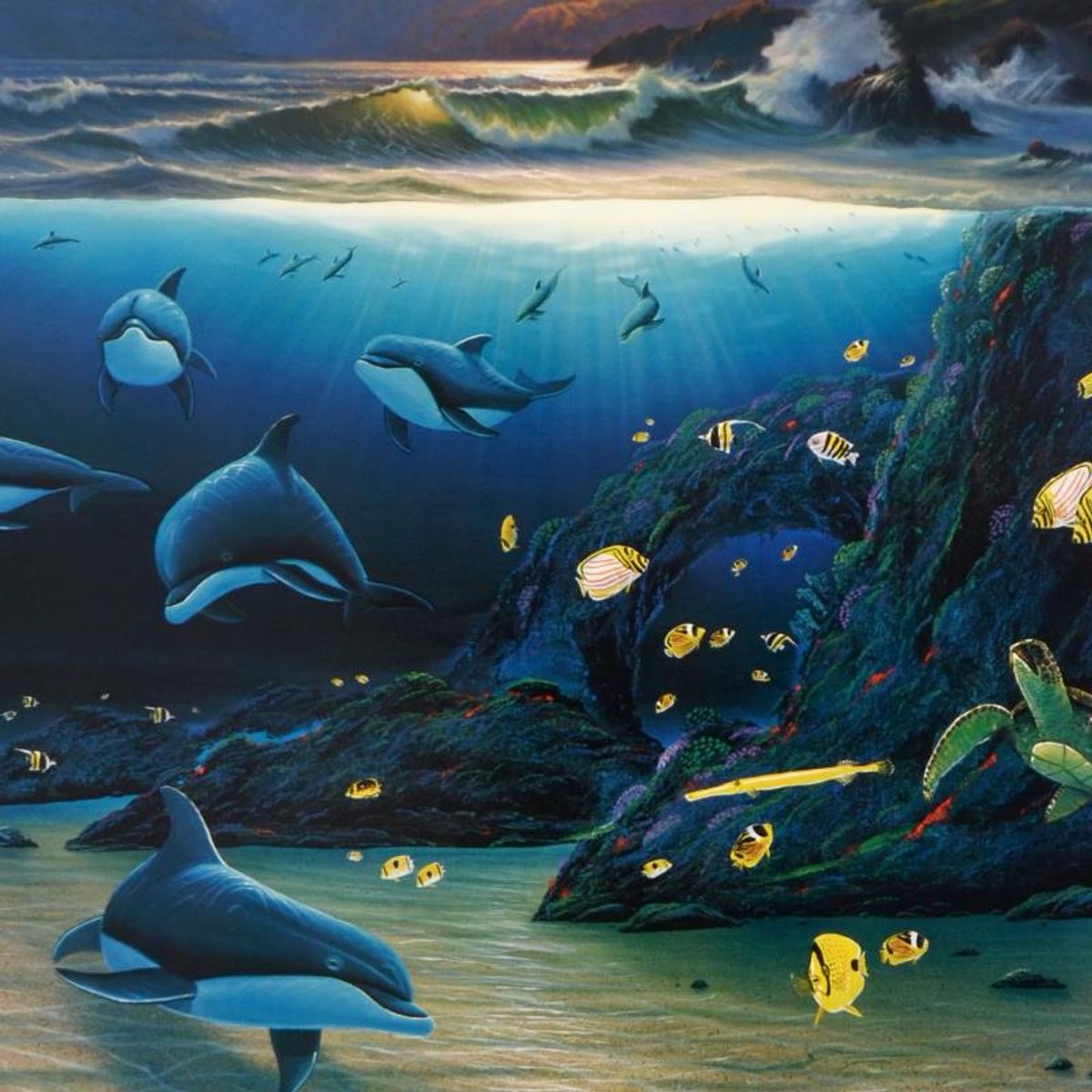 Wyland, "Moonlit Waters" Limited Edition Lithograph, Numbered and Hand Signed with Certificate of Authenticity.