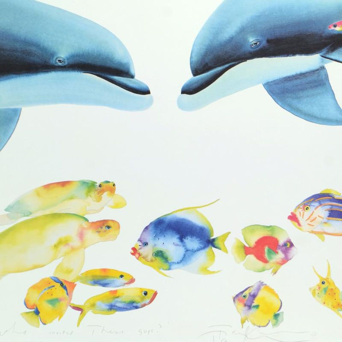 Wyland and Tracy Taylor, "Who Invited These Guys?" Limited Edition Lithograph, Numbered and Hand Signed by Wyland and Warren with Letter of Authenticity.