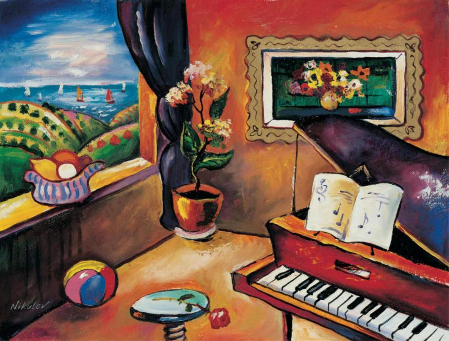 Oleg Nikulov- Original Giclee on Canvas "Piano with Countryside View"