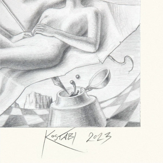 Mark Kostabi- Original Drawing on Paper "Future's AI Romance"