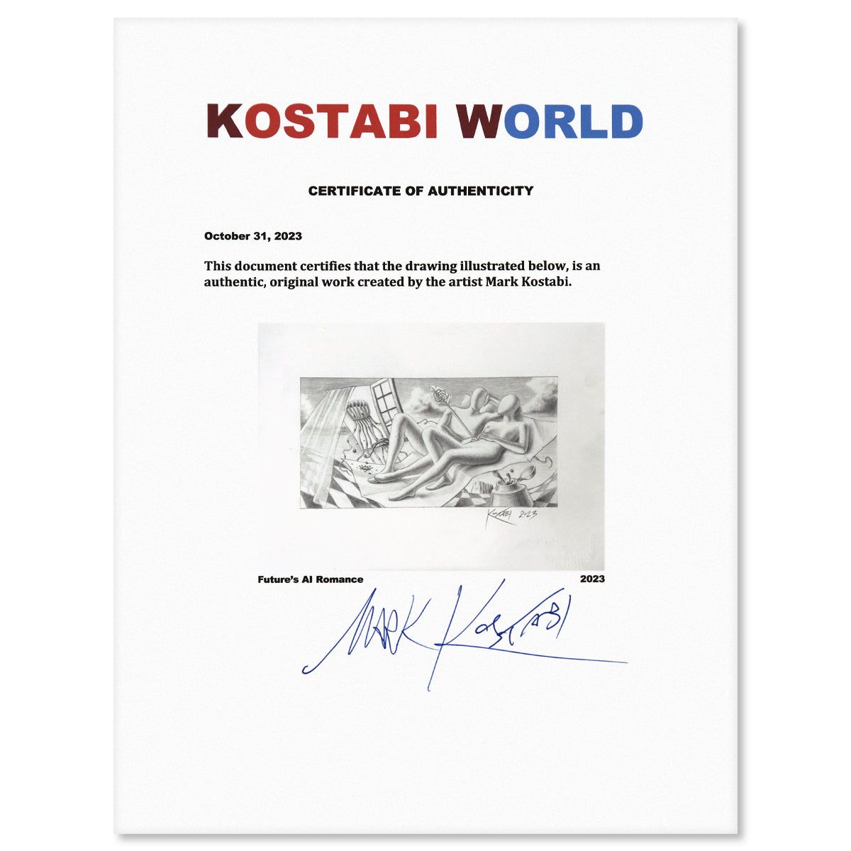 Mark Kostabi- Original Drawing on Paper "Future's AI Romance"
