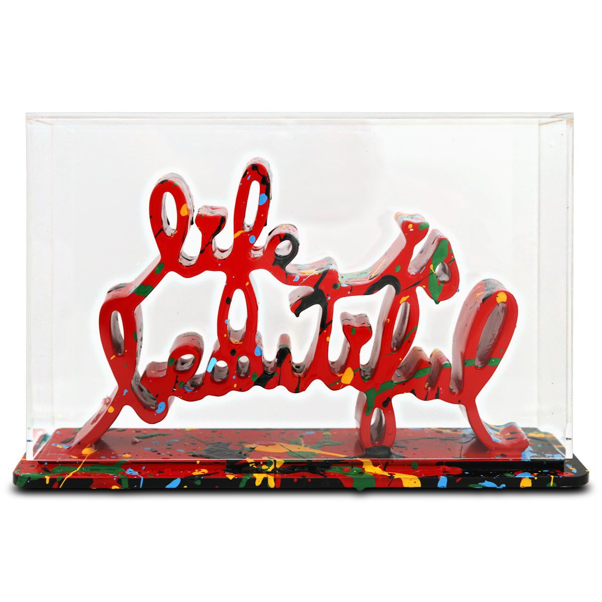 Mr Brainwash- Acrylic Dipped and Splashed Cast Resin Sculpture in Plexiglass Enclosure "Life Is Beautiful - Dipped Red Splash, 2020"