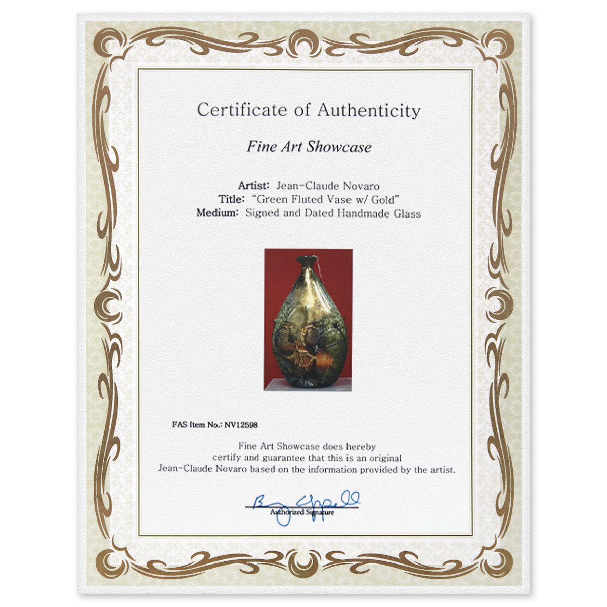 Jean-Claude Novaro- Handmade Glass "Green Fluted Vase w/Gold"