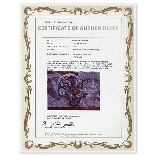 Guillaume Azoulay- Hand Watercolored Gold Leaf Etching "Of Cats and Bulls"