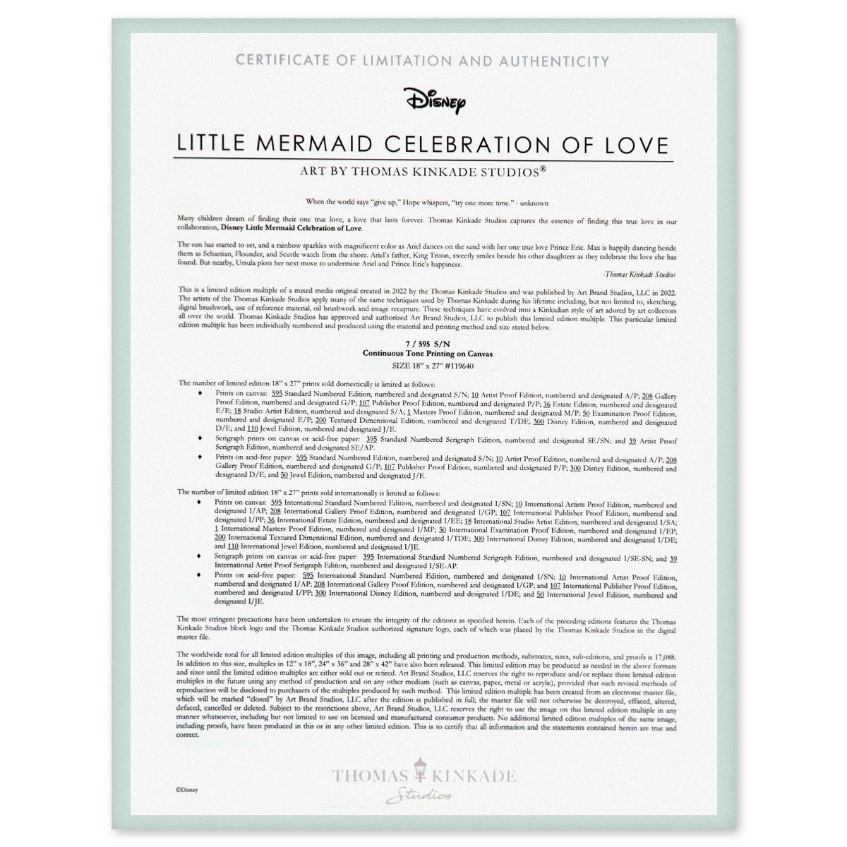 Thomas Kinkade- Hand Embellished Giclee on Canvas "Little Mermaid Celebration of Love"