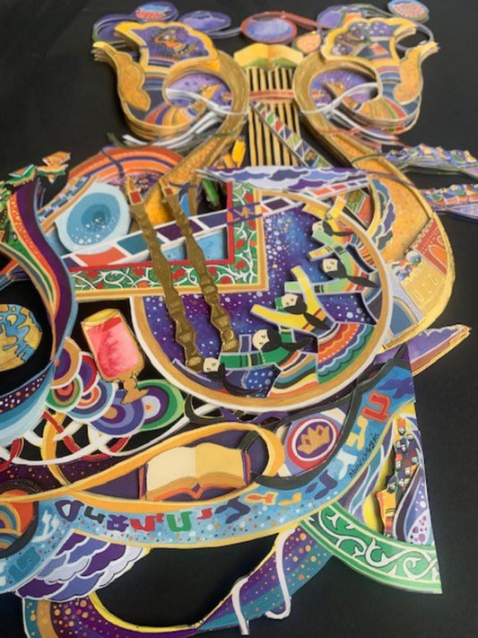 Raphael Abecassis - Mixed Media 3D decoupage with original drawing "Harp"