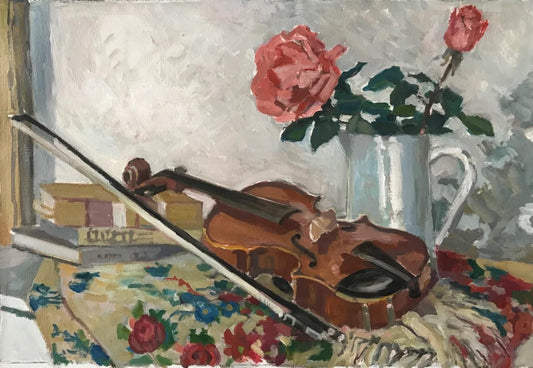 Boris Tyomkin- Original Painting "Roses and Violin"