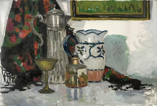 Boris Tyomkin- Acrylic on paper "Still Life (Gray & Red)"