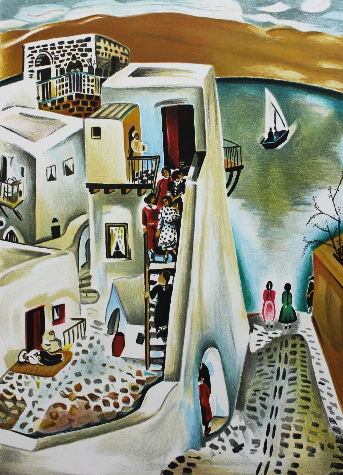 Nachum Gutman- Original Lithograph "Upstairs"
