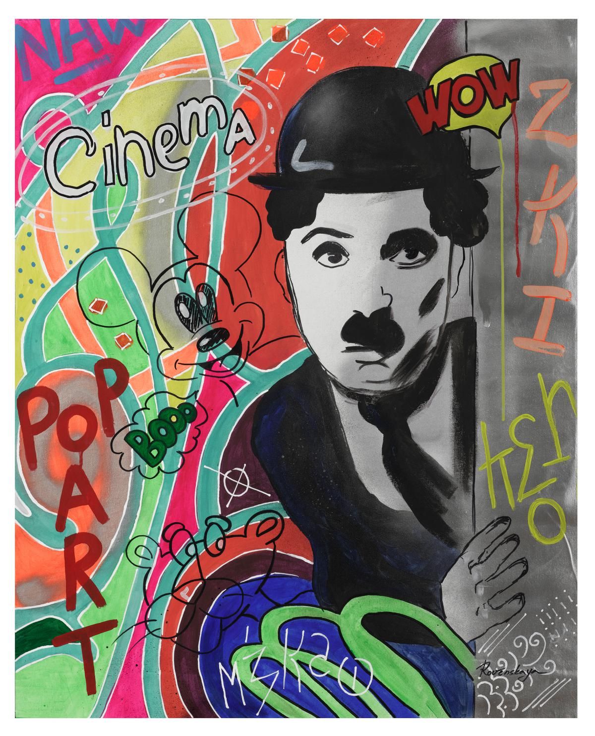 Nastya Rovenskaya- Original Oil on Canvas "Chaplin Is Hiding"