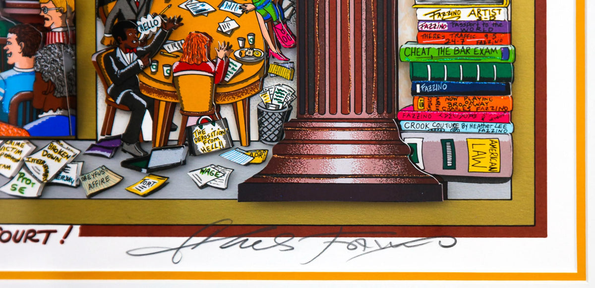 Charles Fazzino- 3D Construction Silkscreen Serigraph "Law and Disorder in the Court! (Yellow)"