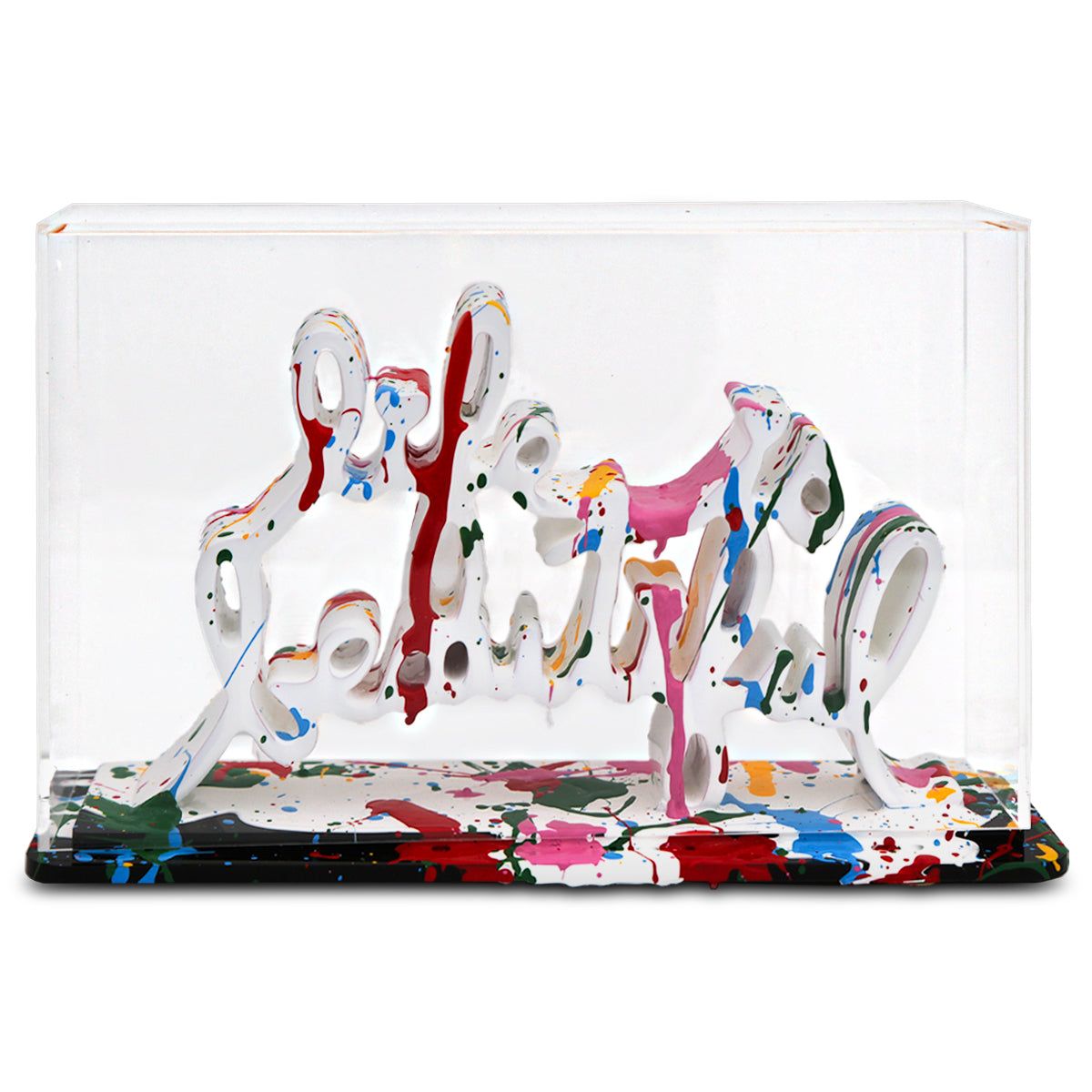 Mr Brainwash- Acrylic Dipped and Splashed Cast Resin Sculpture in Plexiglass Enclosure "Life Is Beautiful - Dipped White Splash, 2020"