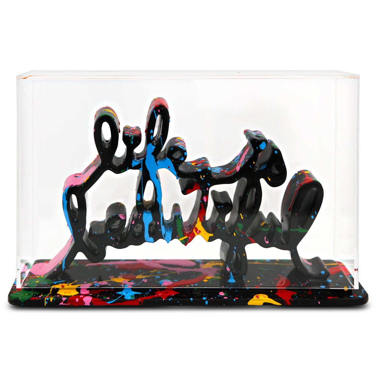 Mr Brainwash- Acrylic Dipped and Splashed Cast Resin Sculpture in Plexiglass Enclosure "Life Is Beautiful - Dipped Black Splash, 2020"