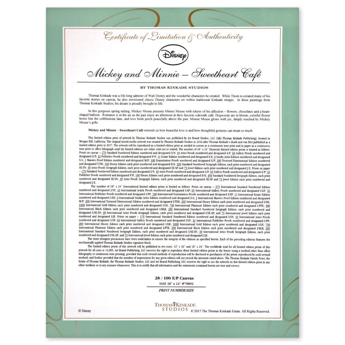 Thomas Kinkade- Hand Embellished Giclee on Canvas "Mickey and Minnie Sweetheart Cafe"