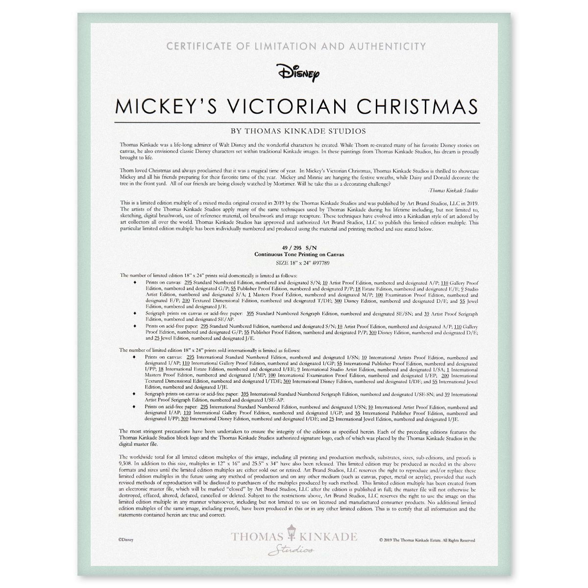 Thomas Kinkade- Hand Embellished Giclee on Canvas "Micket's Victorian Christmas"