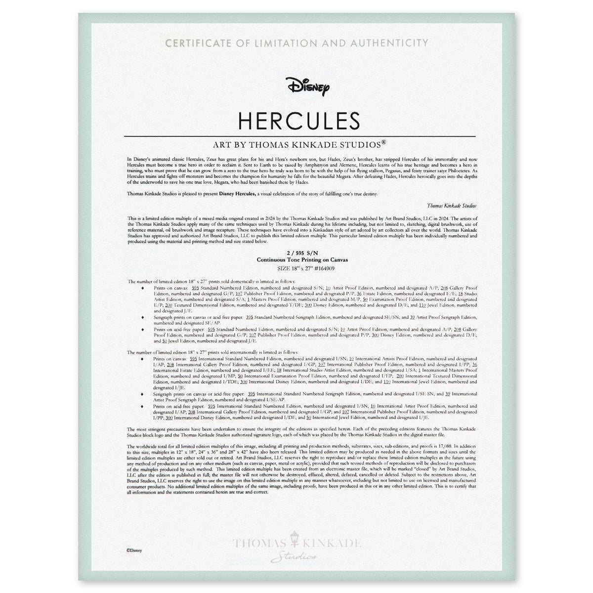 Thomas Kinkade- Hand Embellished Giclee on Canvas "Hercules"