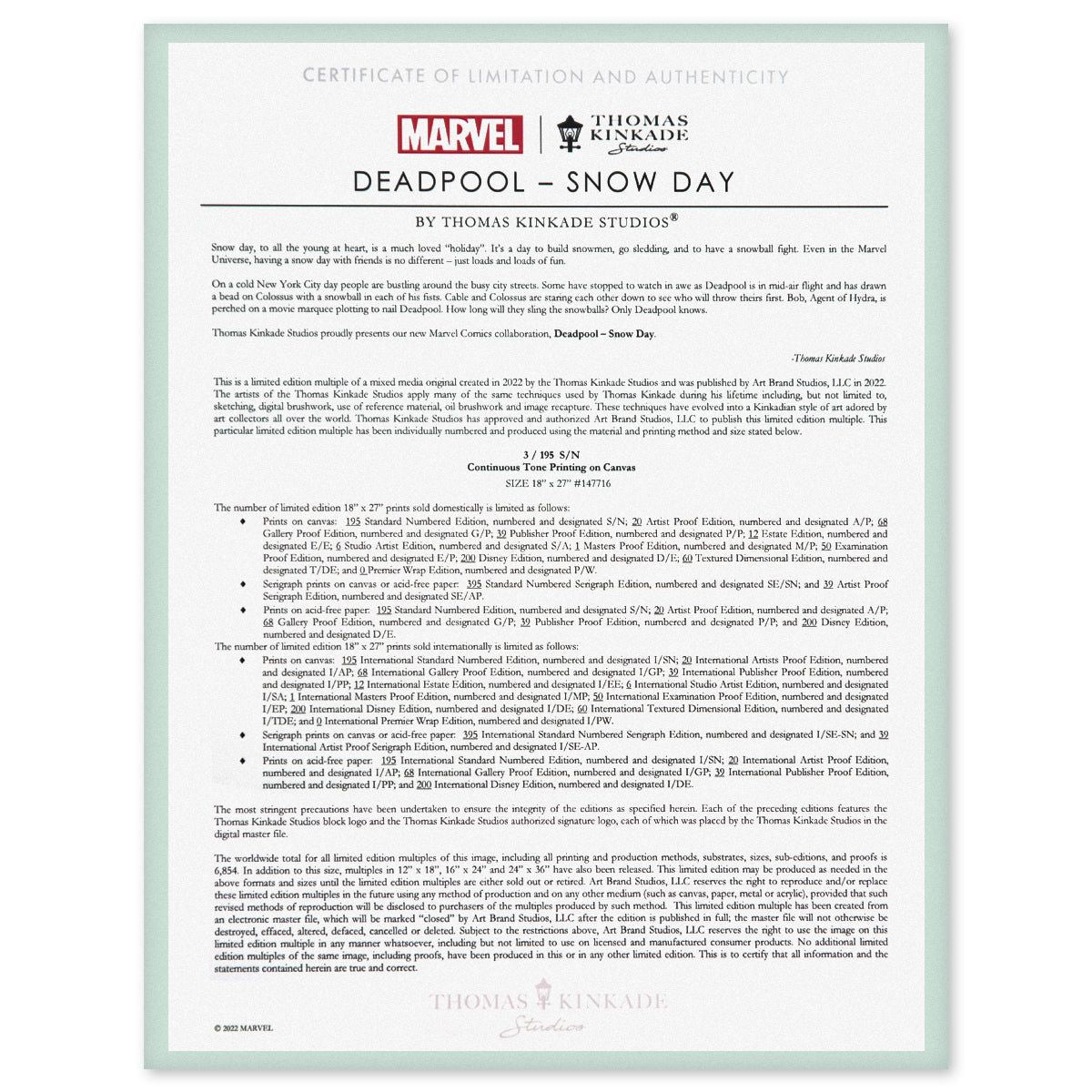 Thomas Kinkade- Hand Embellished Giclee on Canvas "Deadpool- Snow Day"