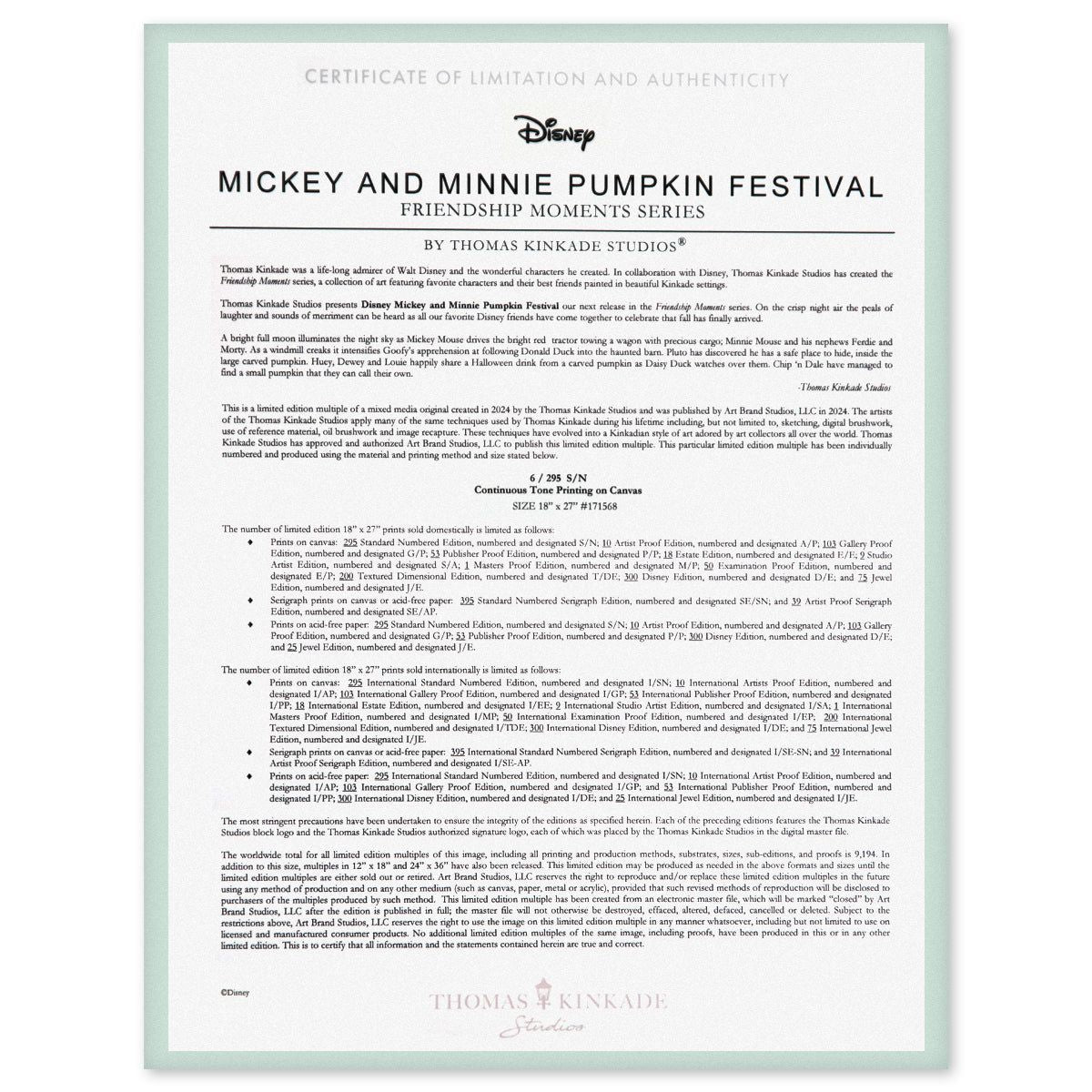 Thomas Kinkade- Hand Embellished Giclee on Canvas "Mickey and Minnie Pumpkin Festival"