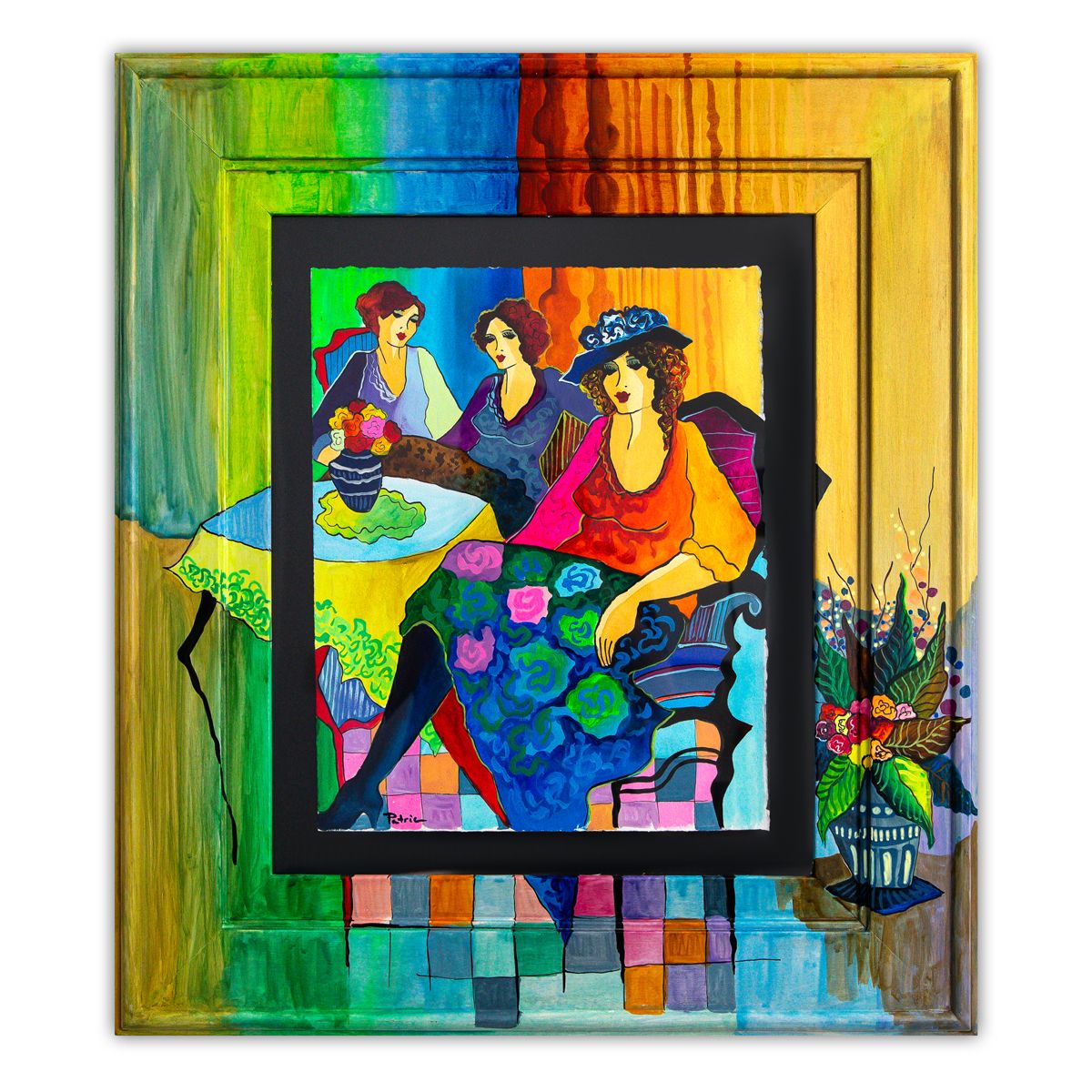 Patricia Govezensky- Original Watercolor with Hand Painted Frame "Serenade of Friends"