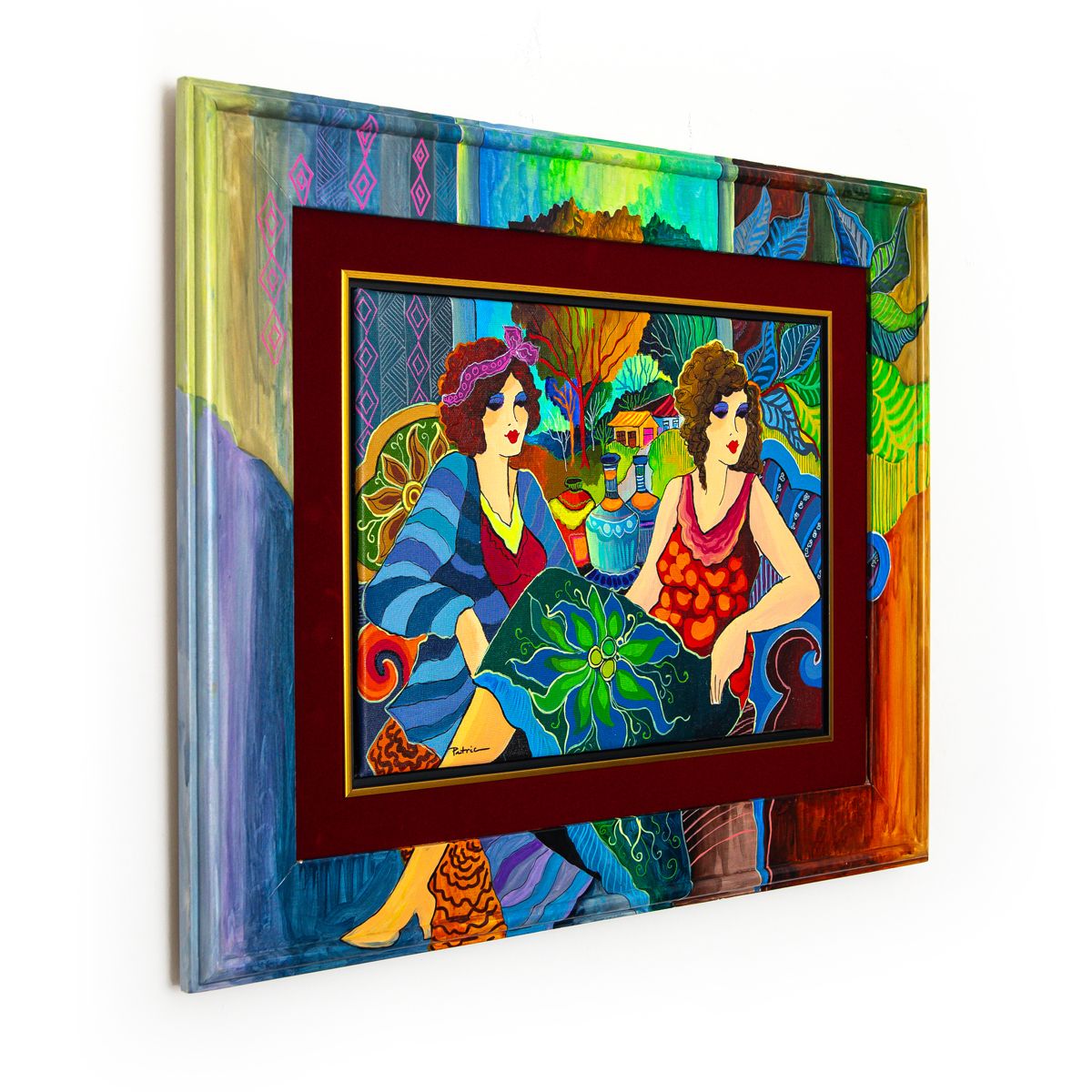 Patricia Govezensky- Original Acrylic with Hand Painted Frame "The Gathering"