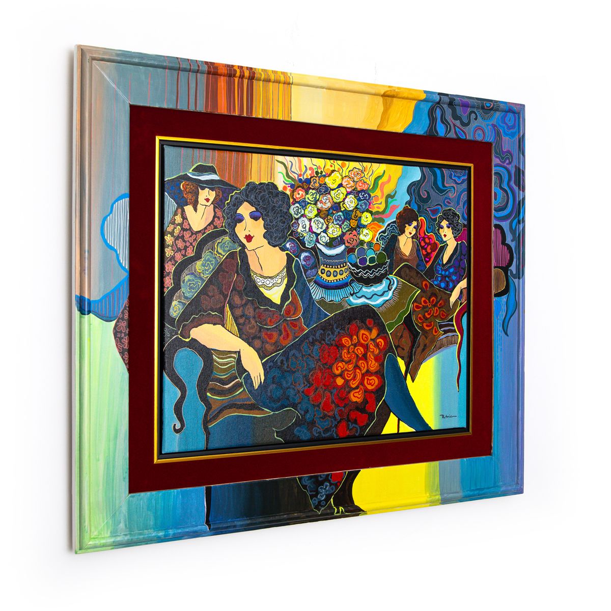 Patricia Govezensky- Original Acrylic with Hand Painted Frame "Whispers of Wine and Laughter"