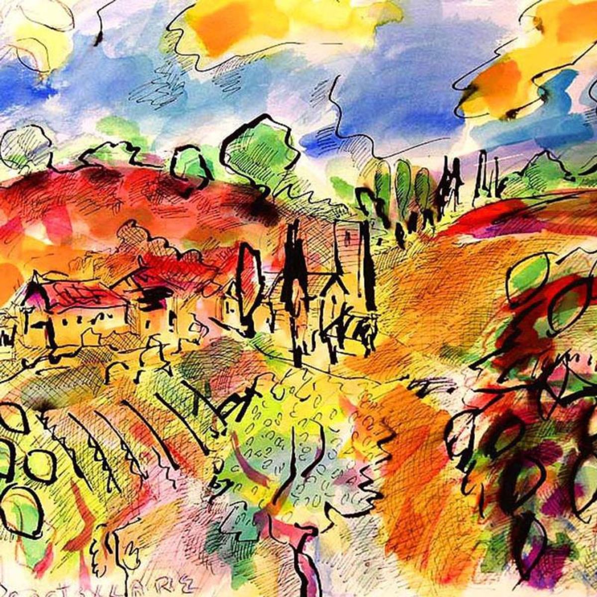 Wayne Ensrud "Castellare Vineyard in Chianti, Italy" Mixed Media Original Artwork; Hand Signed; COA