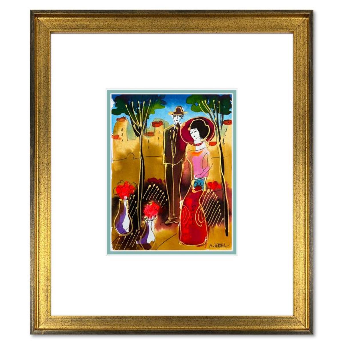 Moshe Leider, Framed Original Mixed Media Watercolor Painting, Hand Signed with Letter of Authenticity.