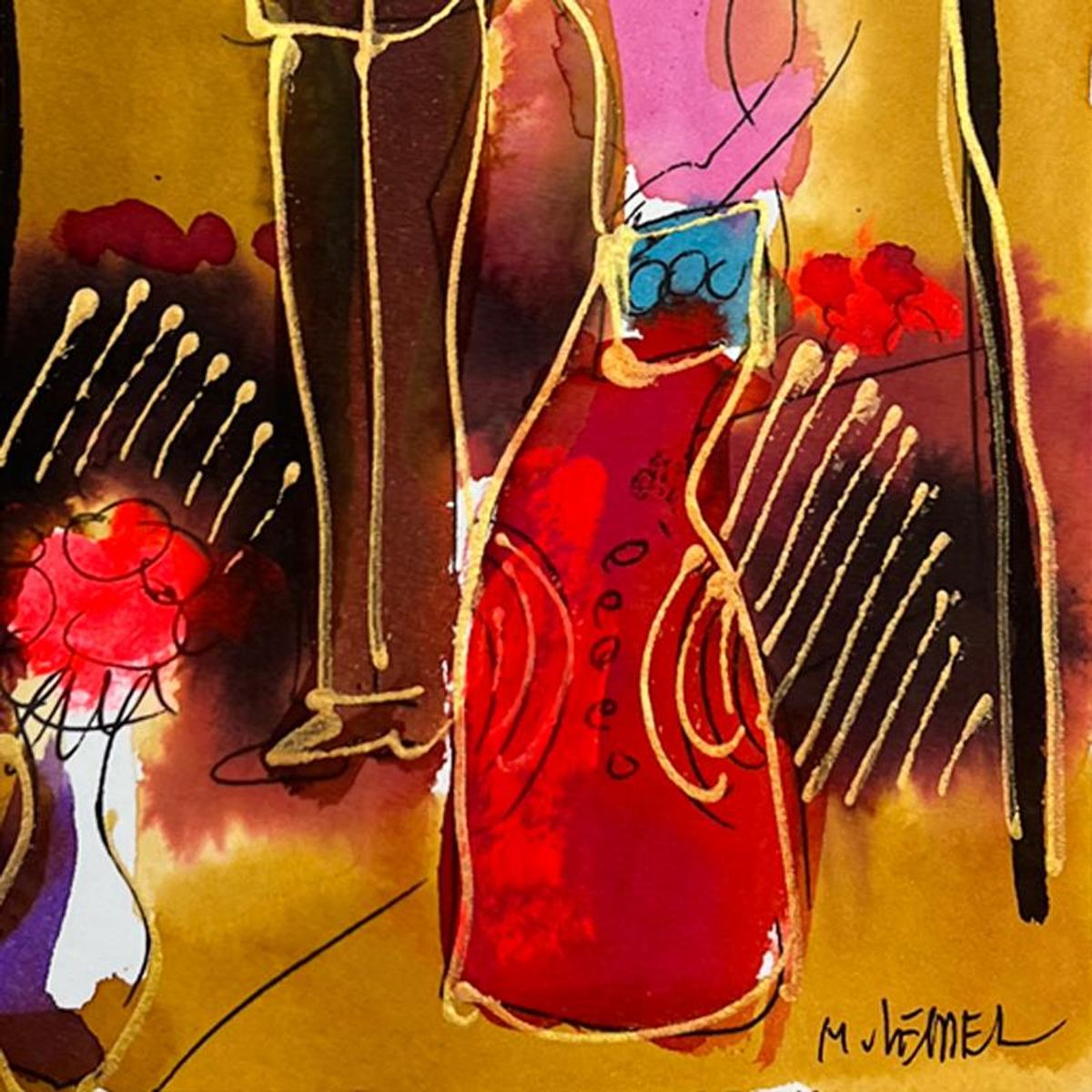 Moshe Leider, Framed Original Mixed Media Watercolor Painting, Hand Signed with Letter of Authenticity.