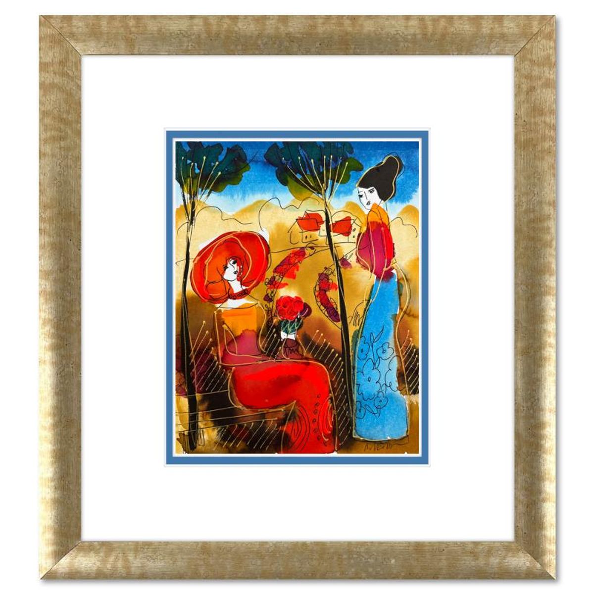 Moshe Leider, Framed Original Mixed Media Watercolor Painting, Hand Signed with Letter of Authenticity.