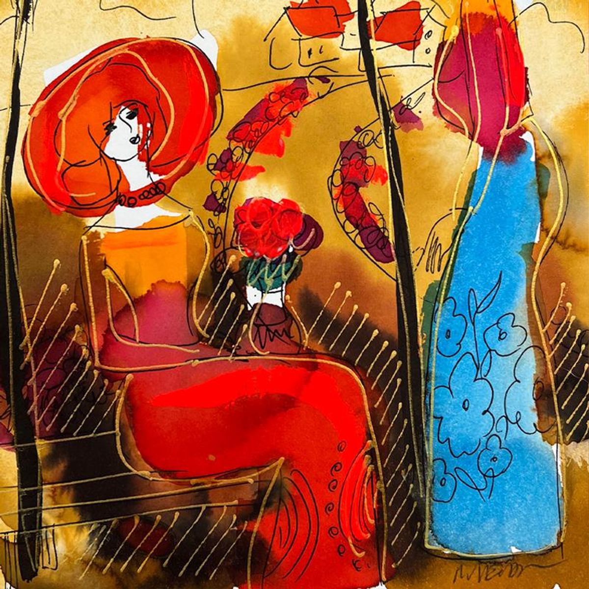 Moshe Leider, Framed Original Mixed Media Watercolor Painting, Hand Signed with Letter of Authenticity.