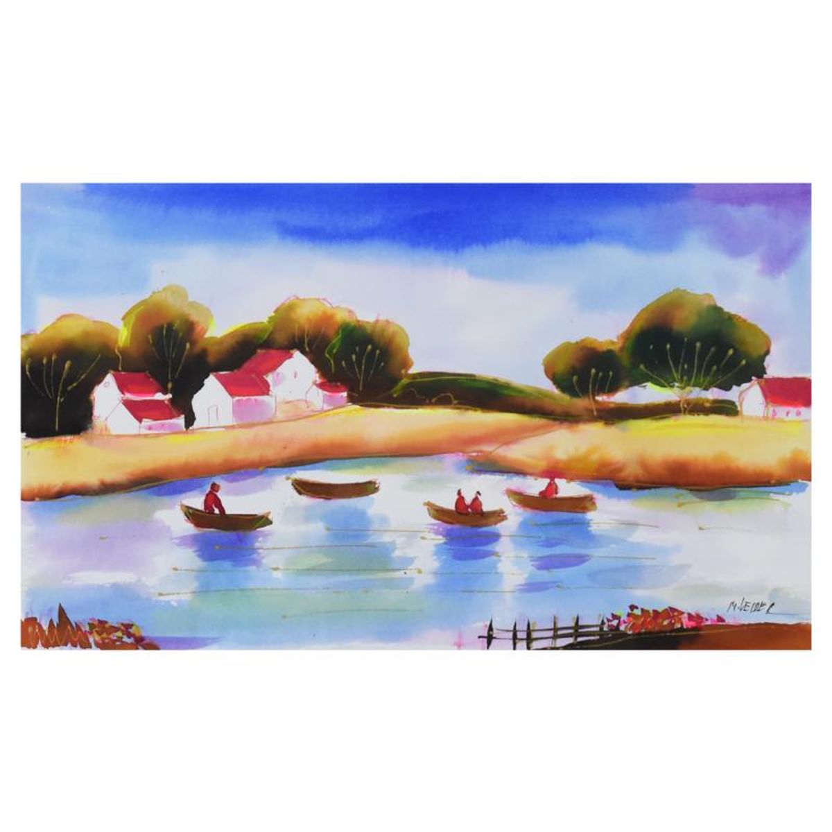 Moshe Leider, Framed Original Mixed Media Watercolor Painting, Hand Signed with Letter of Authenticity.