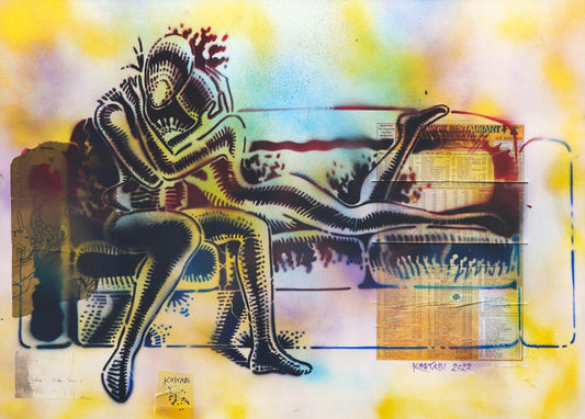 Mark Kostabi- Original Mixed Media on Paper "Ordering In"