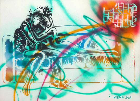 Mark Kostabi- Original Mixed Media on Paper "Positive Energy"